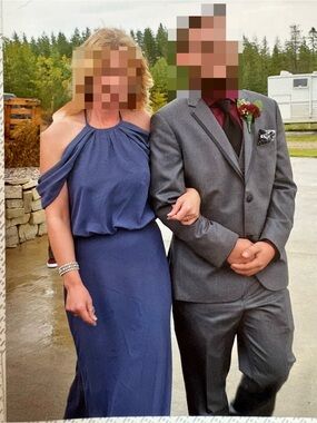 JJs House Navy Blue Halter Off-Shoulder mother of the bride/groom dress.